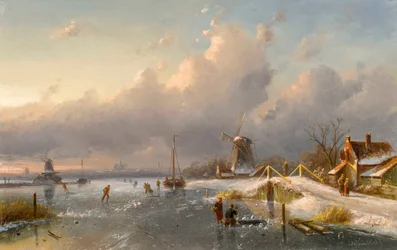 Uma paisagem de Inverno com moinhos de vento e patinadores num curso de água gelado, décadas de 1840-50