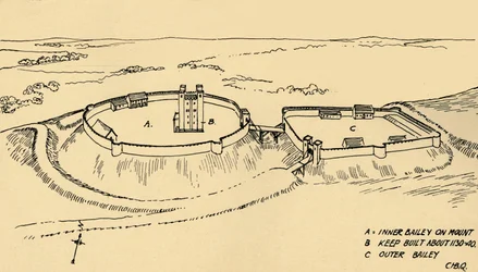 Vista aérea do castelo Hedingham, reconstrução parcial de Essex, 1931