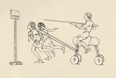 Meninos brincando no Riding no Quintain Romance de Alexander, por volta de 1340. Bodleian, 1931