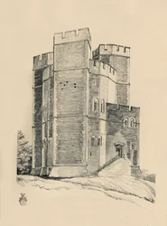 Exterior do Castelo de Orford, Suffolk, as ameias restauradas, 1931