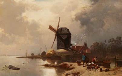 Alemão: Bockwindmühle an einem Seeufer Moinho de correios na margem de um lago