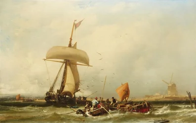 Alemão: Dutch Coastal View with Sailing Ship and Boats Dutch Coastal View with Sailing Ship and Boats