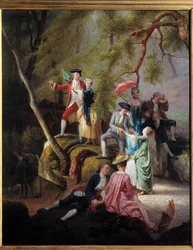 Entretenimento campestre Gallant Scene durante uma caminhada de nobres. Pintura de Charles Gustave Housez (1822-1880) Século XIX. Coleção particular