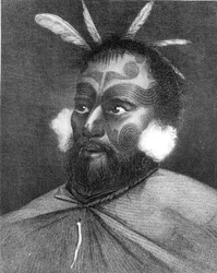 Retrato, de, um, homem, de, nova zelândia, ilustração, de, &39;Viagem, volta ao mundo, para, a, sul, polaco&39;, por, capitão, james, cozinheiro, (1728-79)
