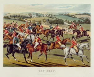 &39;The Meet&39;, prato I de &39;Fox Hunting&39;, 1838 (aquatinta colorido à mão)