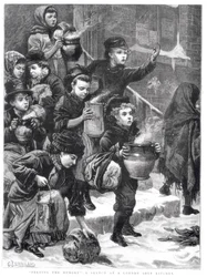 Alimentando os famintos, uma cozinha de sopa de Londres, 1880