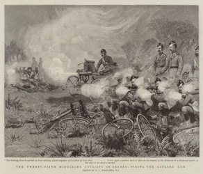 Os Vigésimos Sexto Ciclistas Middlesex em Zereba, disparando a Gatling Gun