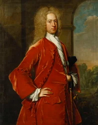 Retrato do Coronel William Forward, MP, comprimento de três quartos, com casaco vermelho e colete e calção branco, por um arco de pedra, uma paisagem além: