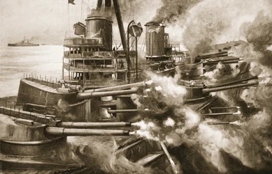 Mordendo com todos os dentes de uma só vez: o tremendo poder do bando de um grande navio de guerra moderno, de "The Illustrated War News", 1915