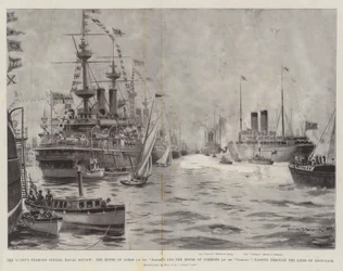 Revisão Naval do Jubileu de Diamante da Rainha, a Câmara dos Lordes (no Danúbio) e a Câmara dos Comuns (na Campânia) passando pelas Linhas de Cavaletes de Ferro