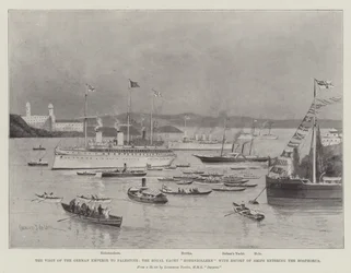 A visita do imperador alemão à Palestina, o iate real Hohenzollern com a escolta de navios que entram no Bósforo