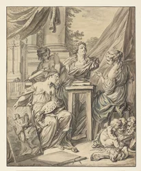 Artes plásticas personificadas por três mulheres envolvidas na celebração de sua reconquista por Luís XV, 1753 (tinta, giz & wc no papel)