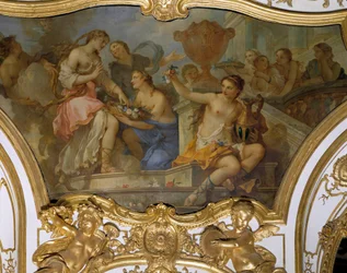 História da Psyche: "As ninfas oferecendo flores em Psyche no limiar do palácio de Amour" Pintura de teto de Charles Joseph Natoire (Charles-Joseph Natoire