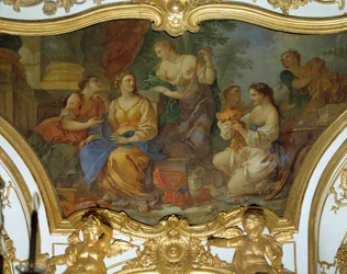 Psique mostra os seus tesouros às irmãs. Pintura de teto de Charles-Joseph Natoire