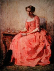 Menina com um vestido rosa numa mesa (óleo sobre tela)