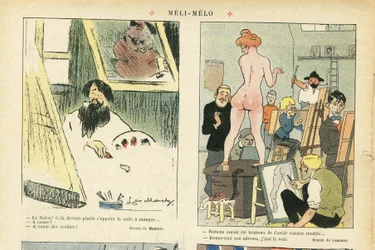 Ilustração de Chas-Laborde (1886-1941) em Le Rire, 21/03/08 - Meli-Melo - Arte, Ensino, Nudismo - Modelo (quem posa)