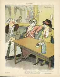 Ilustração de Chas-Laborde (1886-1941) em Le Smile, no 9, 27/02/13 - Negócios - Restaurante Cafés, Moda, Chapéu - Cupidite, Avareza - Mulher