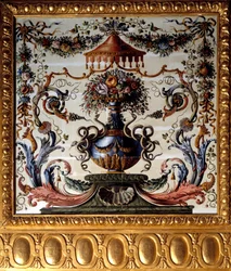 Painel decorativo da sala de jantar do Chateau de Vaux Le Visomte (Vaux-le-Vicomte). Pintura de Charles Lebrun (Le Brun) (1619-1690) 1656 Chateau de Vaux-le-Vicomte in Seine et Marne.