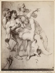 Homem seminu apoiado por três homens, estuda para &39;Alexandre, o Grande&39; e &39;Porus&39; ou &39;A Derrota de Porus&39;, c. 1665-73 (pierre noire e reflexos de giz branco sobre papel bege)