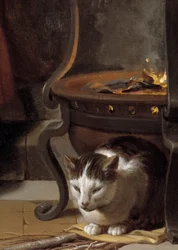 O Sono do Menino Jesus Detalhe de um gato que dorme debaixo do fogão. Pintura de Charles Lebrun (Le Brun) (1619-1690) 1655 Sol. 0,87x1,18 m