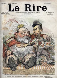 Aliança Anglo-Japonesa (Japanese Anglo 1902) A diplomacia acaba de dar à luz um monstro, o novo Radica-Doodica: quem será o Reitor? - Rei Eduardo VII - CARICATURA 1902 por Charles LEANDRE (1862-1934) para The Laughter