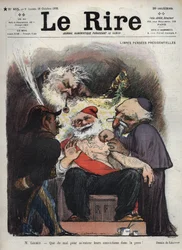 Emile Loubet - Pensão Presidencial Grátis - Sr. Loubet - É difícil meter as suas convicções na minha pele! - (Charles Leandre (1862-1934) ridiculariza o estado, a igreja e o exército à cabeceira do Presidente LOUBET, coberto de sinais macónicos e outros) c