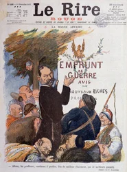 Primeira Guerra Mundial (1914-1918): Desenho animado sobre a promoção do empréstimo de guerra, fonte de renda para os especuladores enriquecidos pelo comércio de carvão, munições e betail - Desenho de Charles Leandre (1862-1934), para a capa do Le Rire Rou