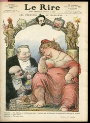 Ilustração de Charles Leandre (1862-1934) para a capa de Le Rire, 03/01/14 - Les strennes de Marianne - Tribuna - Clemenceau George, Jaures Jean, Briand Aristide, Marianne, Caillaux Joseph (1863-1944)