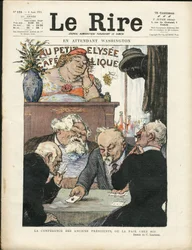 Ilustração de Charles Leandre (1862-1934) em Le Lire, 06/08/21 - Entretanto Washington - Eleições, Presidente da República - Marianne, Fallieres Armand, Poinsare Raymond, Deschanel Paul - Jogo de cartas
