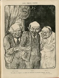 Ilustração de Charles Leandre (1862-1934) em Le Rire, 06/03/22 - Os Três Papas - Inglaterra Grã-Bretanha, U.S.R., Datas de verificação, Reichstag - Lenine, Lloyd George, Pio XI