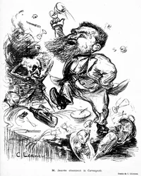 Jean Jaures dançando e cantando Carmagnole sobre uma mesa de banquete (presumivelmente bêbado) imagem em Le Rire n°105 de 7 de novembro