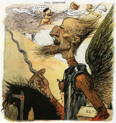 Paul Déroulède (1846-1914), escritor francês e ativista nacionalista, figura importante do antidreyfusismo, caricaturado por Charles Léandre como o cavaleiro Dom Quixote: a caminho de combater moinhos de vento, leva debaixo do braço uma mala com a