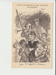 Postcard, Satirical in B&W: Ligue fraternelle des enfants de France - Guerra dos 14-18, Música, Infância, Ligue fraternelle des enfants de France - Ilustração de Charles Leandre (1862-1934)