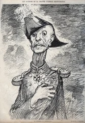 Os atores da grande comédia Dreyfussian - Retrato de Raoul Le Mouton de Boisdeffre (General de Boisdeffre) (1839 -191919), militares franceses - desenho animado por Charles Leandre (1862-1934) em "Le Rire" 1898