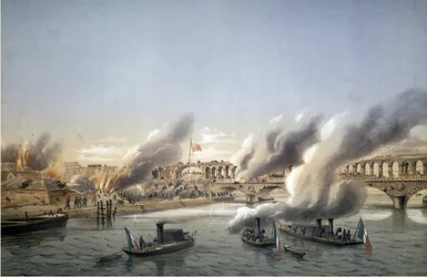 Commune de Paris, Semana Sangrenta. "La Flotille de la Seine forçando a entrada de Paris na Barricade du Point du Jour em 21 de Maio de 1871 - Gravada por Charles Leduc (1831-1911)