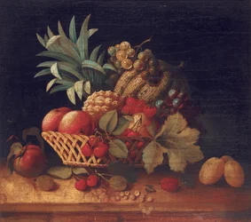 Uvas, ameixas, cerejas, pêssegos, uma maçã, um abacaxi e um melão, em uma cesta de vime