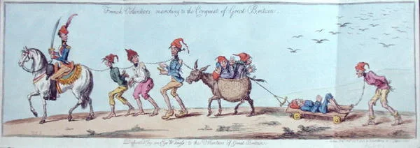 Voluntários franceses marchando para a Conquista da Grã-Bretanha, gravada por James Gillray (1757-1815) publicada por Hannah Humphrey em 1803 (gravura colorida à mão)