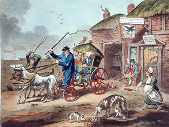 Lançamento na Irlanda, publicado por Hannah Humphrey em 1805 (gravura colorida à mão)