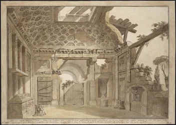 Desenho para os quadros na cela do Padre Lesueur no Mosteiro de Santissima Trinita dei Monti em Roma - Charles Louis Clerisseau (1722-1820). Caneta, pincel, tinta cinza e marrom, cor branca sobre papel, ca. 1760. Dimensão : 36,9x53 cm. L