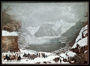 Napoleão Bonaparte (1769-1821) no St. Bernard Pass Hospice, 20 de maio de 1800, gravado por Merou (aquatint)
