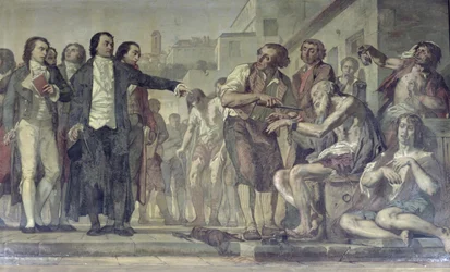 Philippe Pinel 1745-1826 liberta doentes mentais das suas correntes no asilo de Bicêtre, em Paris, em 1793, c. 1840-50, pormenor de 163956