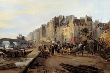 Marie Bridge e Saint Paul Harbour por volta de 1825. Vista de Paris. Detalhe. Pintura de Charles Louis Mozin (1806-1862)
