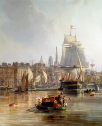 Navio no porto de Rouen em 1855 Detalhe. Pintura de Charle Louis Mozin (1806-1862) 1855 Rouen, Musee des Beaux Arts