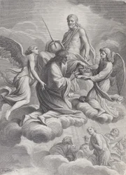 São Luís da França recebido no céu por Cristo e dois anjos que lhe oferecem o c..., 1671-80.