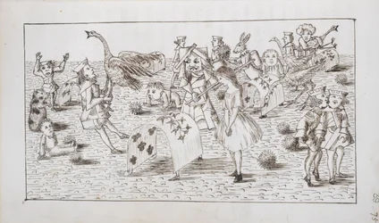 Alice e a Rainha Vermelha jogam croquet, ilustração do Capítulo IV de 