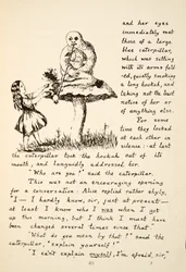Alice recebe conselhos da Blue Caterpillar, ilustração de Alices Adventures Under Ground, pub. 1886 (fac-símile)