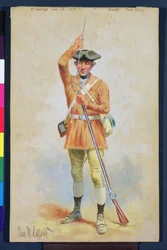 Uniformes da Revolução Americana: 1777 Vestido de Campo Privado da 1ª Infantaria Continental da Geórgia (guache e wc no papel)