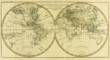 Mapa do mundo em dois hemisférios, do «Atlas de Toutes les Parties Connues du Globe Terrestre» de Guillaume Raynal (1713-96), publicado em Genebra, 1780