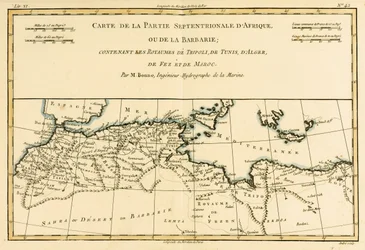 Norte da África, incluindo os Reinos de Trípoli, Túnis, Argel; Fez e Marrocos, de Atlas de todas as partes conhecidas do globo da terra por Guillaume Raynal (1713-96) publicaram Genebra, 1780 (cor