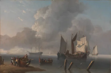 Navios de guerra ao largo da costa, o Almirante Comandante a ser Remado para se juntar ao navio de bandeira, as suas velas iluminadas por uma pausa nas nuvens